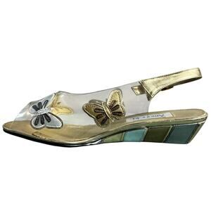 Amanda Heel Women 9W Gold Silver Kitten Heel Sling Back Clear Butterfly 90s Boho